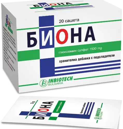 БИОНА, Inbiotech, 1500 мг, глюкозамин, глюкозамин сулфат, черупки на скариди, черупки на морски рак