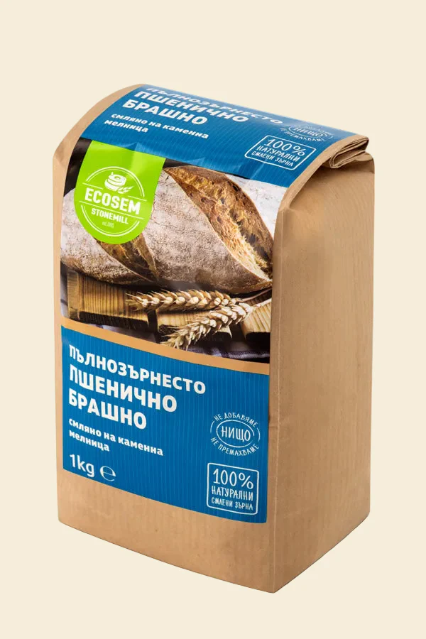 Пълнозърнесто пшенично брашно, смляно на каменна мелница, Екосем, 1 кг